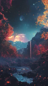 Dual-moon alien canyon with reflective creek and vertical waterfall