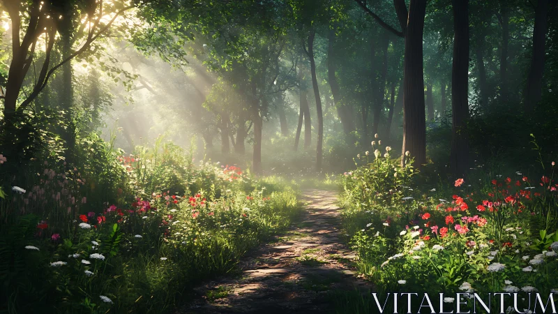 Sunlit forest path with wildflowers in a dreamy, realistic style.