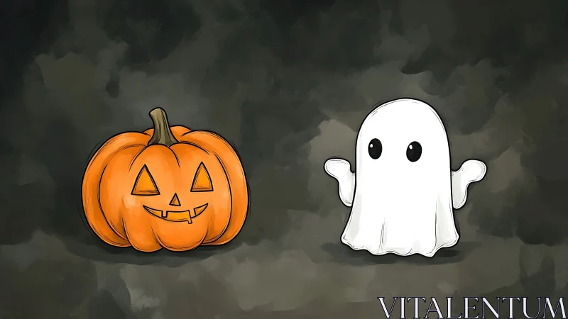Smiling pumpkin and cute ghost share a playful Halloween moment.