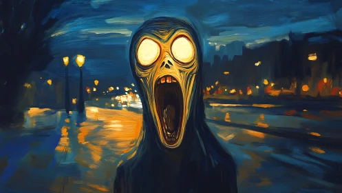 Nocturnal spectral scream amid luminance-saturated avenue.