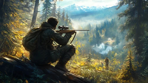 Hunter overlooking misty alpine valley in golden dawn light.