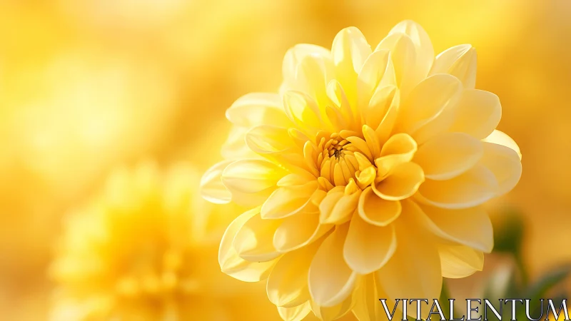 Dahlia specimen exhibits densely stratified petals with luminous golden coloration and warm chromati