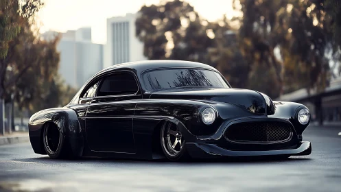 Low-slung black custom classic car parked on city street