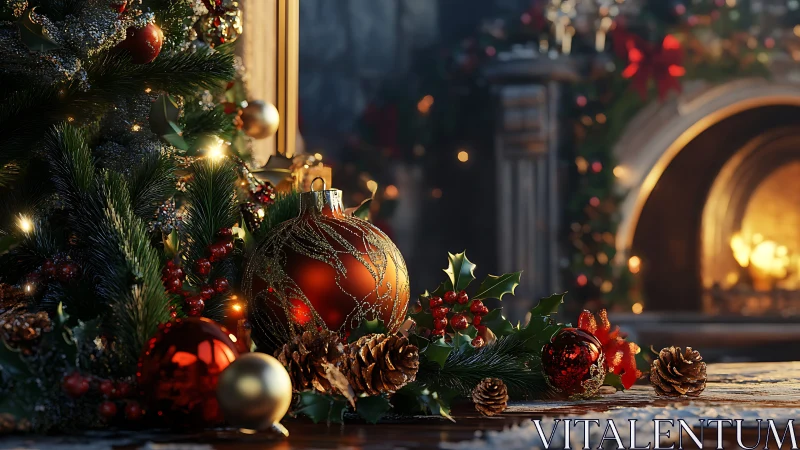 Holiday baubles and pine décor before glowing stone fireplace.