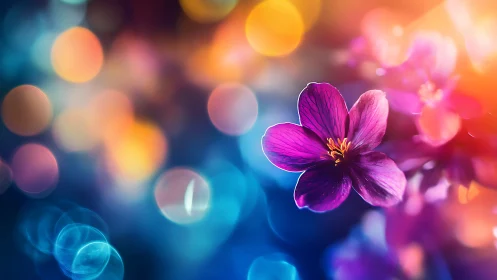 Iridescent violet blossom amid neon bokeh lights glow.