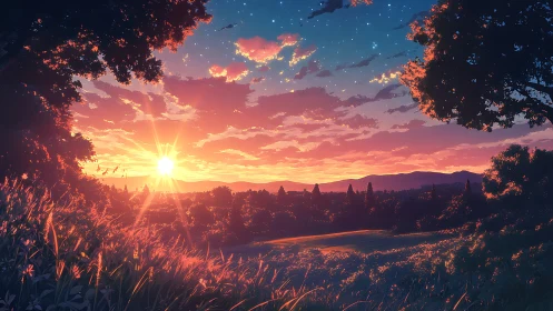 Radiant countryside sunset with luminous clouds and grasses.