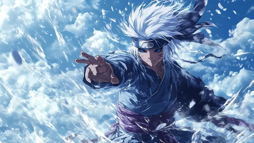 Storm-bright warrior rises through swirling sky and light