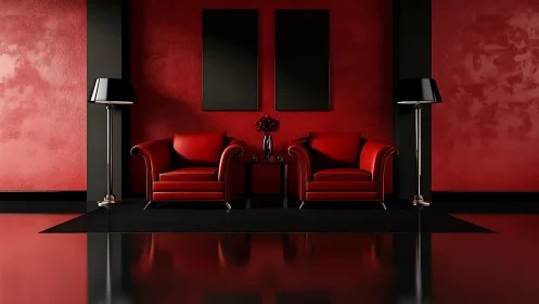 Crimson lounge geometry with twin chairs and inky shadows.