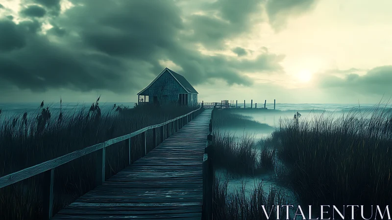 Boardwalk cabin overlooks misty marsh at stormy sunrise.