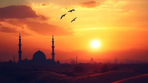 Desert mosque skyline under blazing crimson sunset glow.