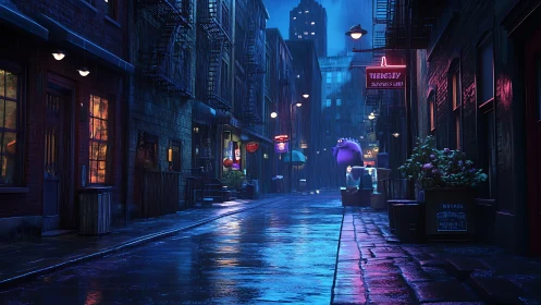 Neon rain-soaked alleyway in stylized nocturnal 3D cityscape.