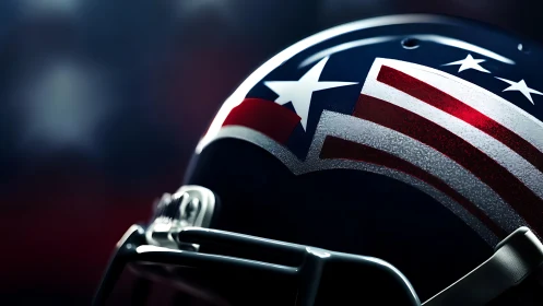 Photorealistic close-up of patriotic American football helmet.