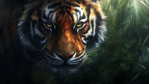 Majestic tiger portrait in luminous cinematic jungle lighting.
