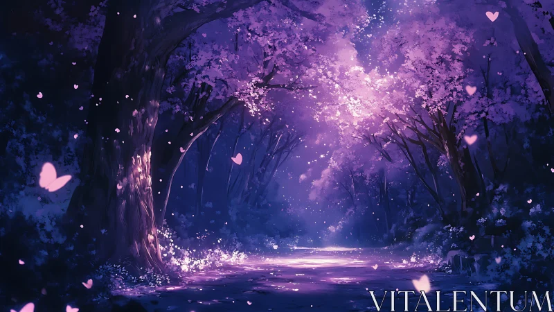 Nocturnal sakura forest rendered with luminous violet atmospheric bloom