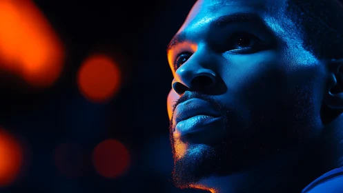 Side-lit male face under blue light with orange bokeh background.