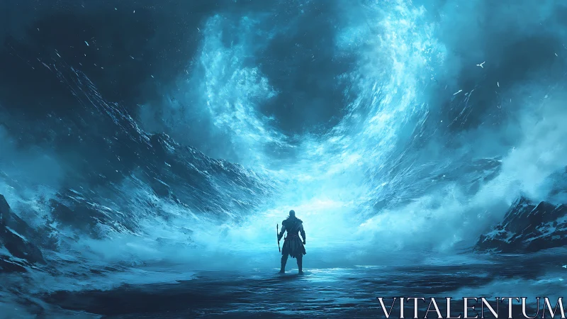 Lone figure facing luminous vortex in icy blue void.