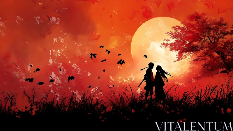 Silhouetted warriors beneath blazing crimson moonscape.
