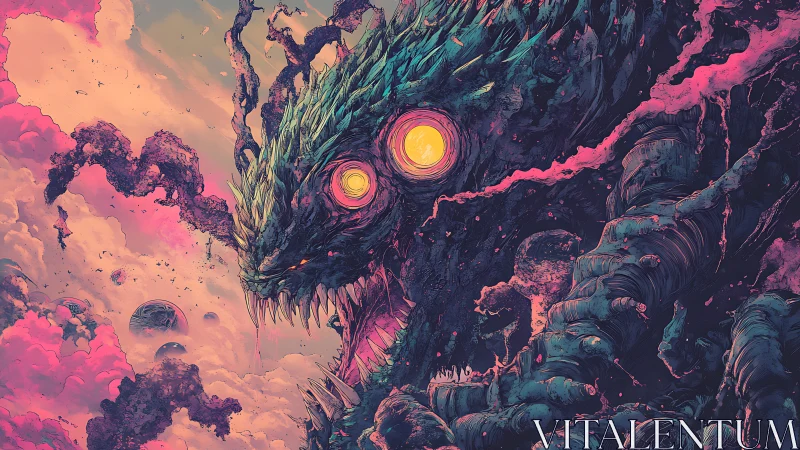 Cosmic creature rendered with layered textures and neon lighting