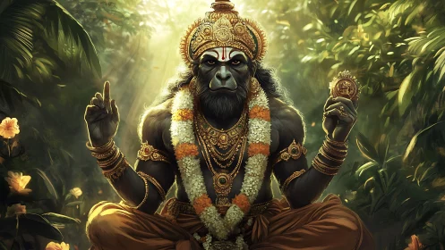 Simian deity hybrid in luminous jungle shrine tableau.