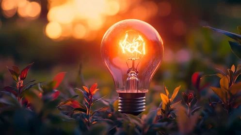 Glowing light bulb illuminates lush garden at warm sunset.