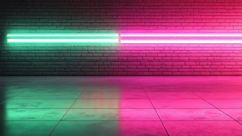 Bicolor neon wall wash on tiled floor with brick backdrop
