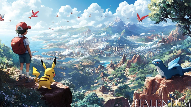 Young trainer and Pokémon friends overlooking a bright new world.