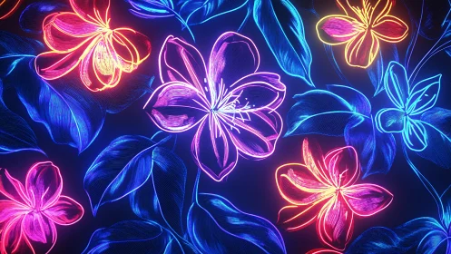 Neon tropical blossoms glow against deep electric foliage.