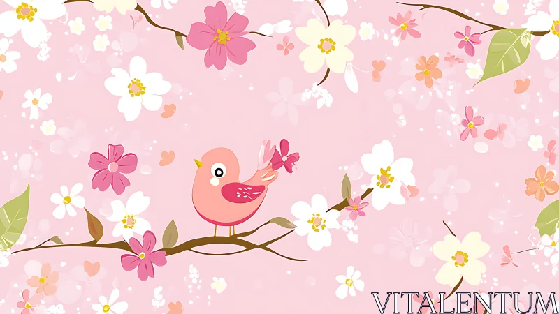 Floral Spring Scene with Coral Bird on Branch.