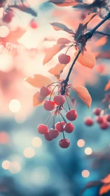 Sunlit cherry branch glows in dreamy pastel bokeh haze.