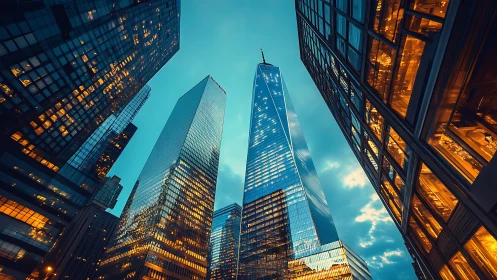 Twilight corporate towers with dramatic wide-angle perspective.