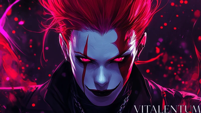 Demonic cyberpunk clown portrait with neon crimson aura.