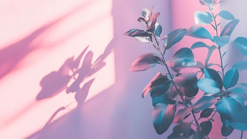 Indoor plant in pink and blue colored light with shadow.