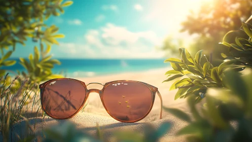 Sunlit sand waits behind bronze daydreaming sunglasses glow.