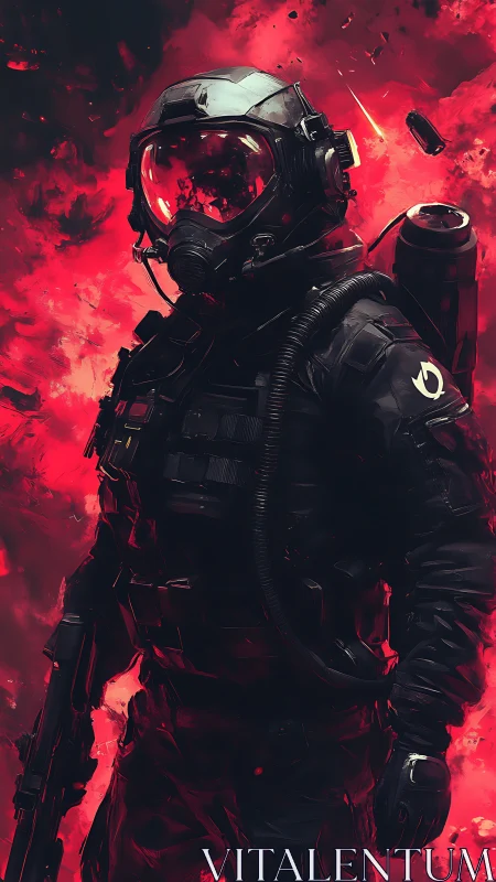 Armored sci fi soldier in red inferno combat scene.