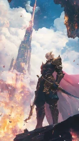 Armored swordsman surveys burning sky tower from rocky ledge