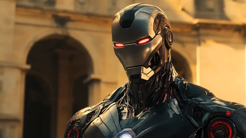 Armored humanoid robot stands outdoors in warm daylight