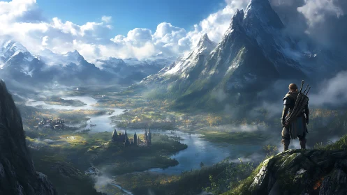 Lone traveler gazes over a vast, sunlit fantasy valley.