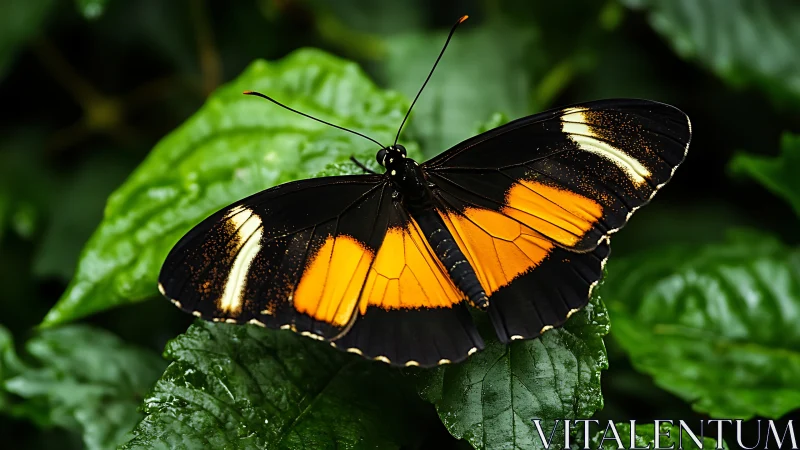 Macro study of orange and black butterfly on wet foliage.