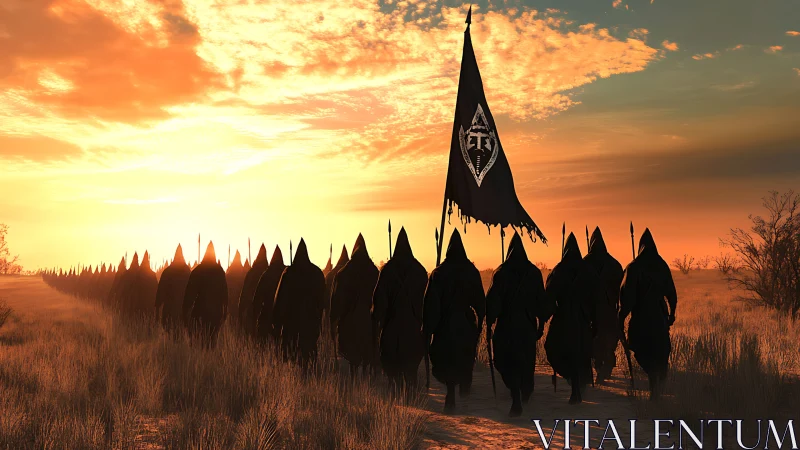 Processional cloaked cohort under stratified desert sunset sky.