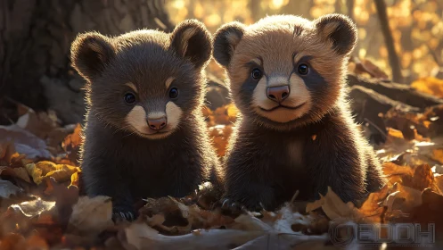Two stylized bear cubs sit among autumn forest leaf litter