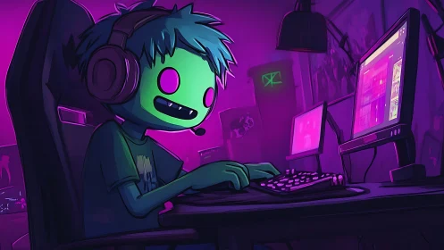 Neon-faced gamer locked in purple cyber streaming glow.