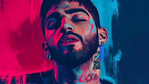 Neon portrait of bearded man in blue and magenta light.