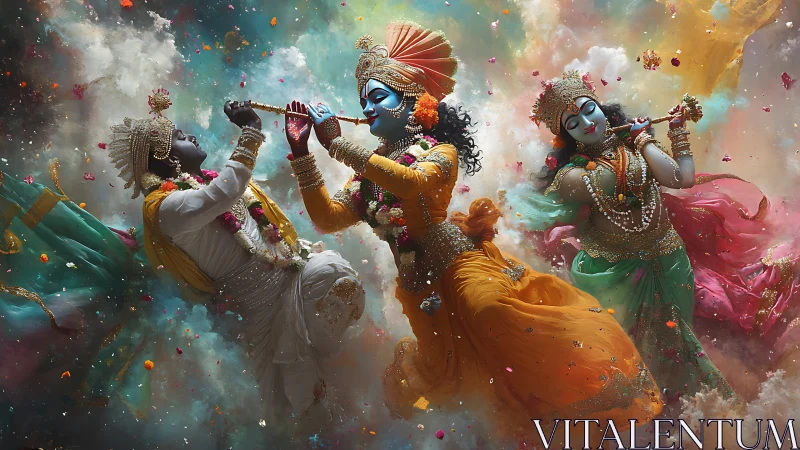 Blue-skinned figures play flutes amid swirling colored clouds