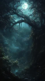 Moonlit jungle canopy frames misty nocturnal ravine