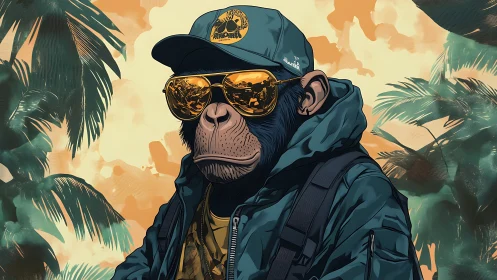 Stylized monkey portrait in streetwear and reflective shades.