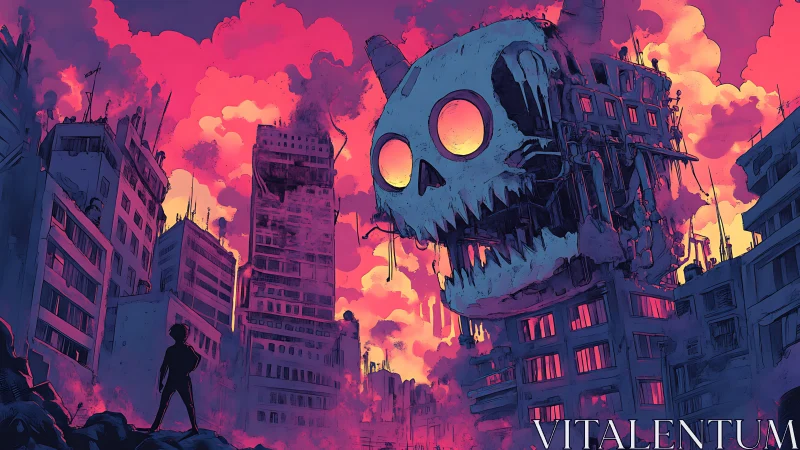Skull-like mechanical structure hovers over ruined cityscape