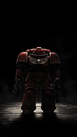Heavily armored red power suit renders with dramatic rim lighting