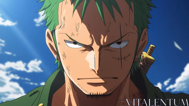 Green-haired swordsman glares forward under clear sky
