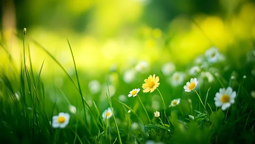 Daisies and Buttercups in Grass with Selective Focus