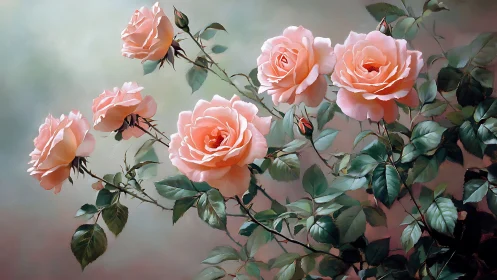 Coral-hued roses rendered with classical botanical precision and luminous depth.